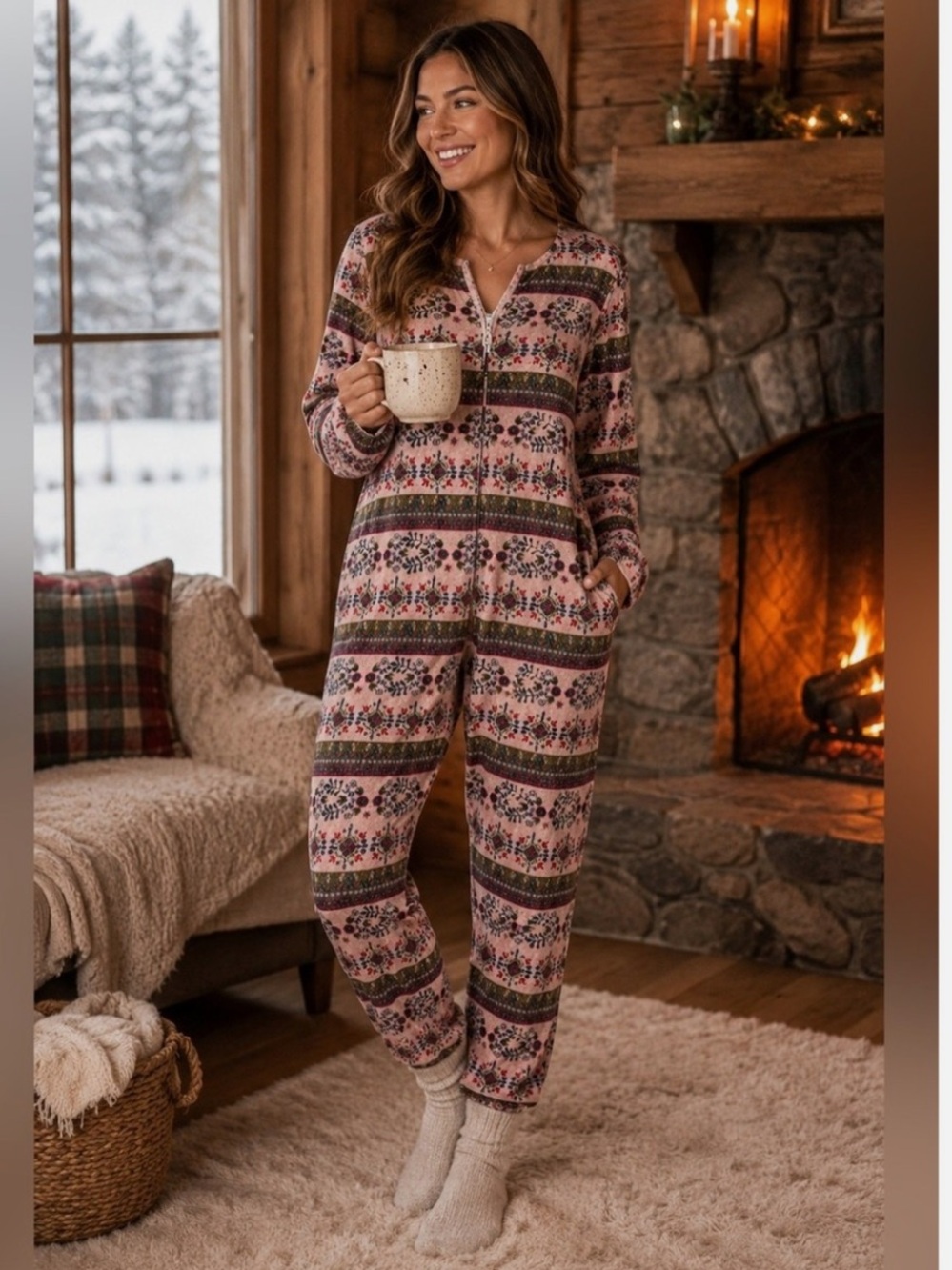 Natural Life Fair Isle one piece fleece pajama jumpsuit XS pink Nordic boho cozy
